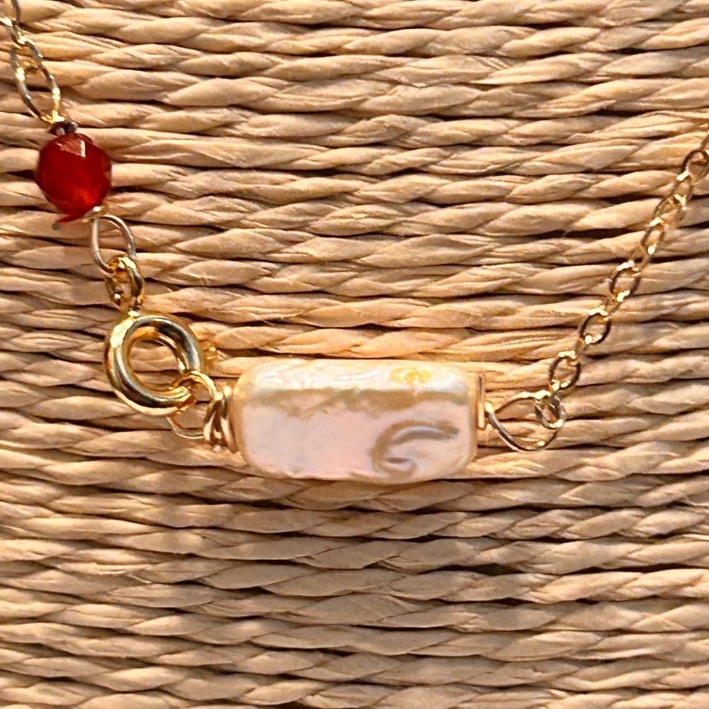Artisan  14K Gold Filled Necklace – Freshwater Pearl & Carnelian Gemstone – 18”